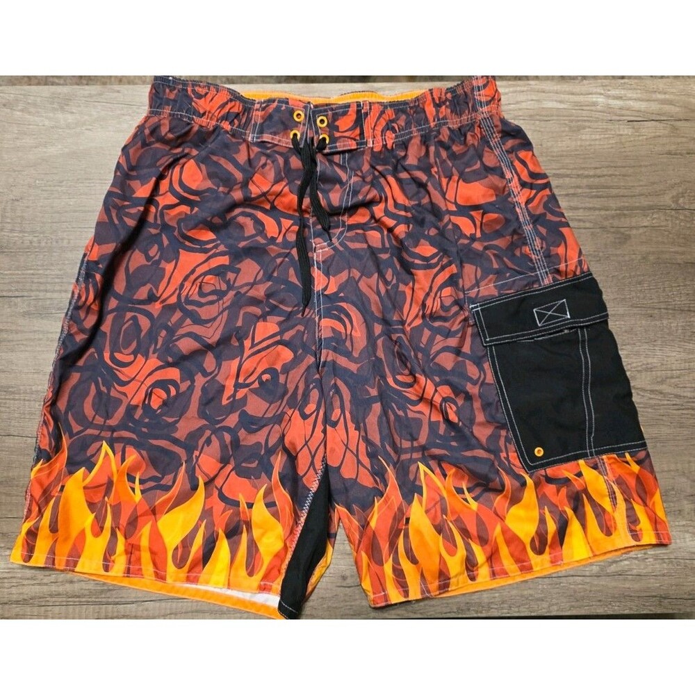 Mens Board Shorts Swim Trunks JOE BOXER Flame Graphic Size L Pockets Mesh Lining